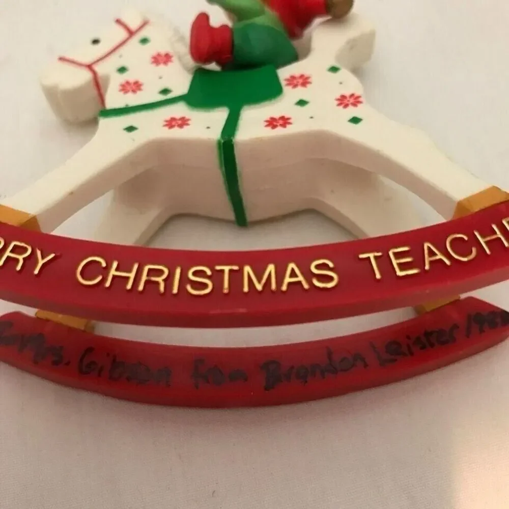 #1343 Enesco 1986 Christmas rocking horse ornament TEACHER   3.5 X 3.5